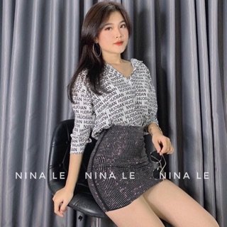 Áo sơ mi lụa + chân váy đính đá