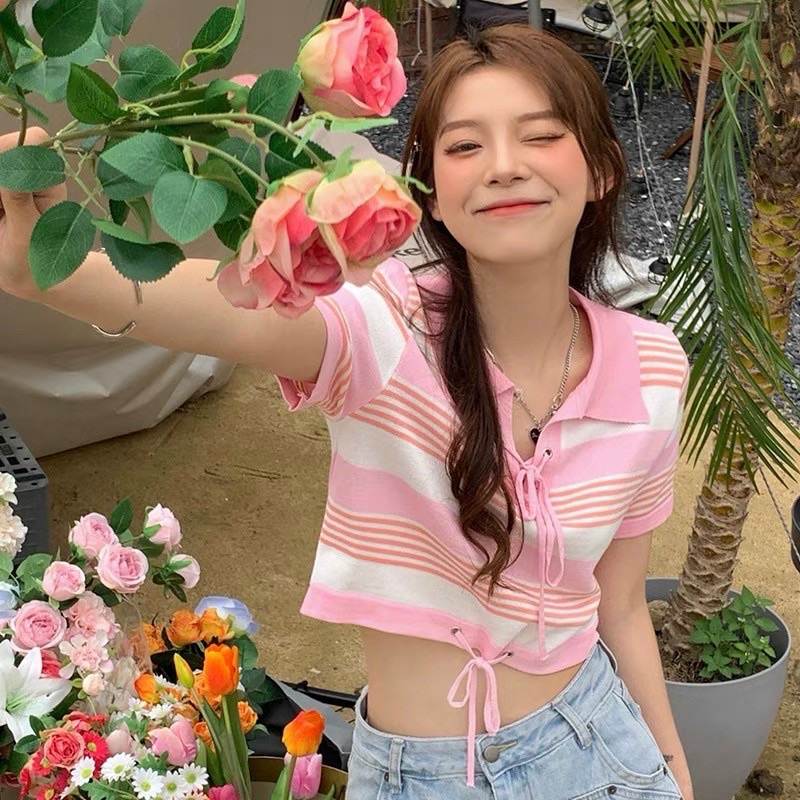 Áo len polo kẻ dáng croptop đan dây, Áo kiểu len cổ bẻ form ngắn AL6563 - NhiNhi Shop