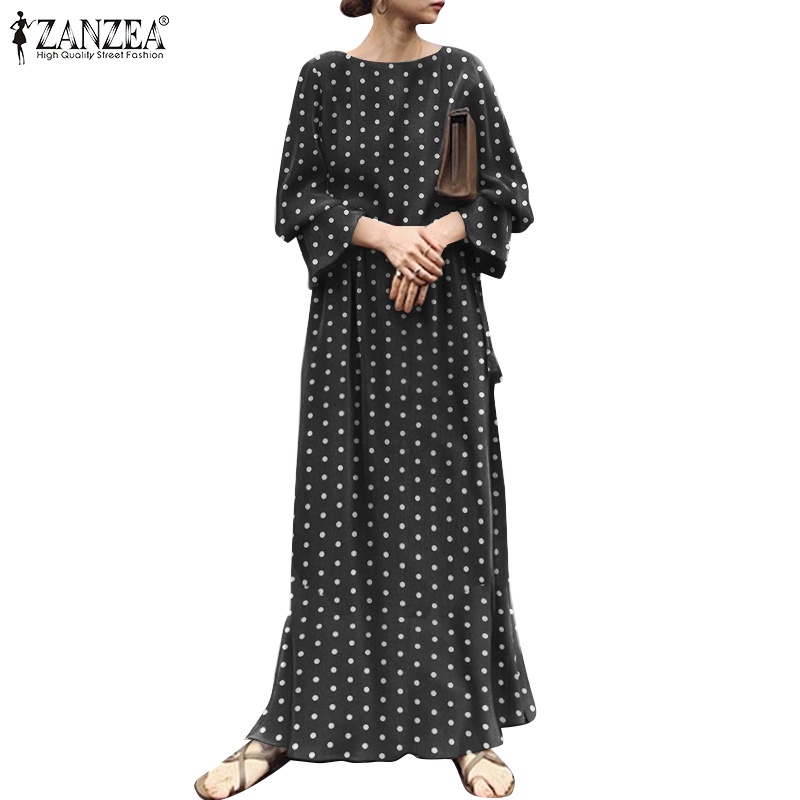 Đầm maxi ZANZEA cổ tròn tay loe in họa tiết chấm bi xinh xắn thời trang cho nữ