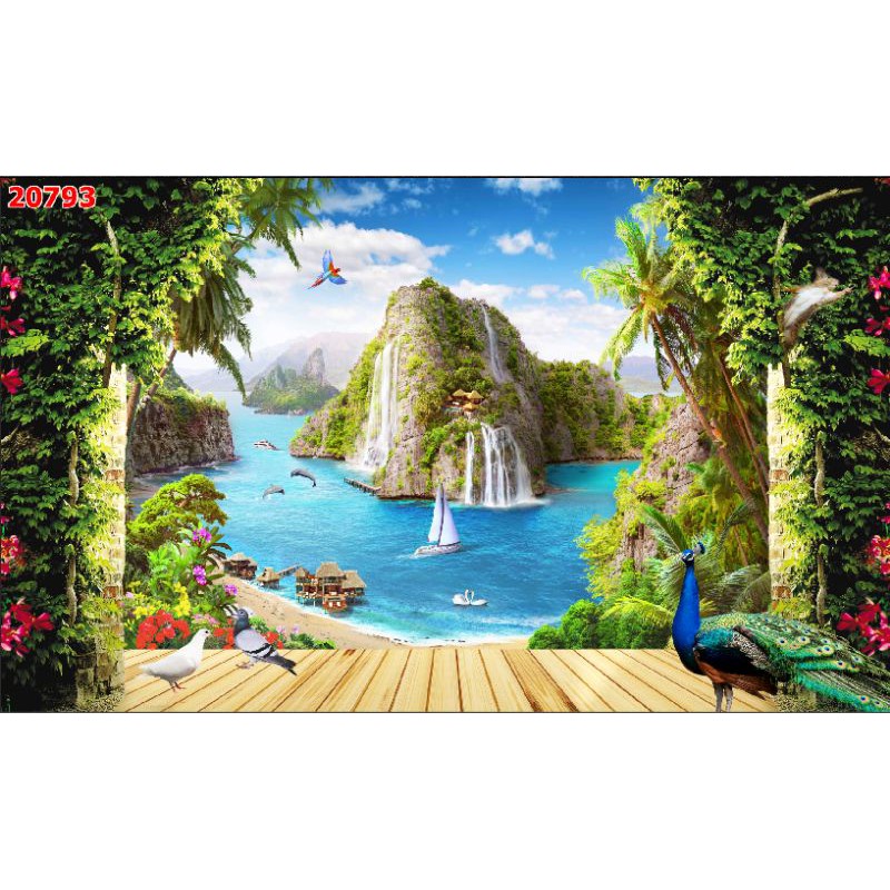 Tranh dán tường 3D phong cảnh có keo sẵn bóc dán