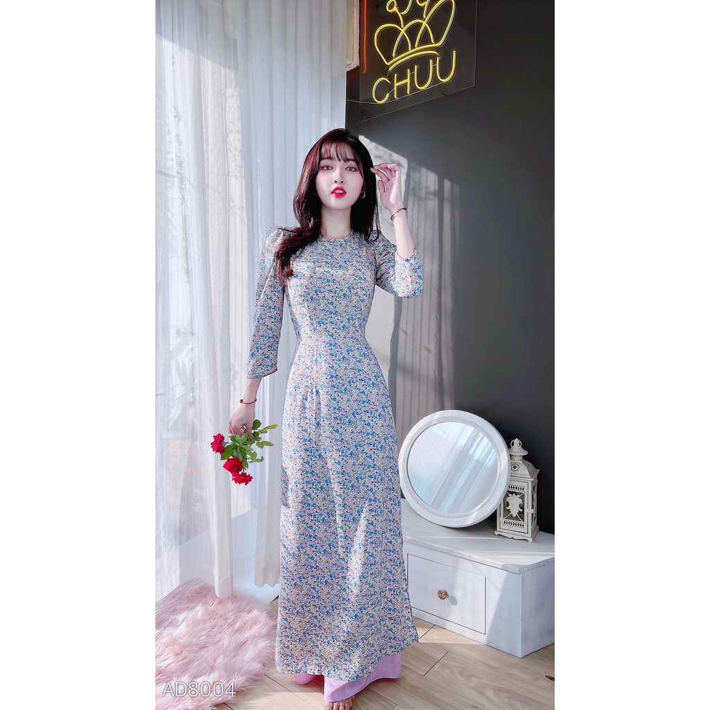 Áo dài nữ cách tân hoa nhí tay phồng không kèm quần CHUU AD8041