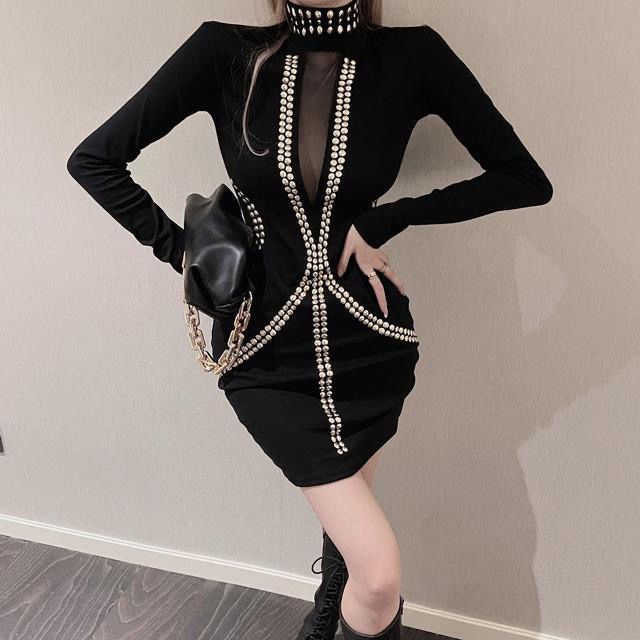 Đầm Dự Tiệc Màu Đen Phối Lưới Đính Đá Thời Trang Sang Trọng Cho Nữ
