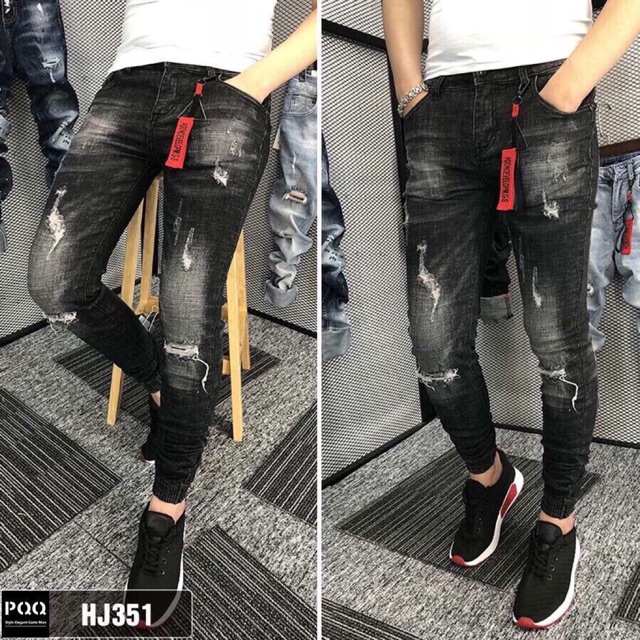 Quần jean nam sành điệu,màu đen rách ống bó phong cách trẻ trung TCS 351