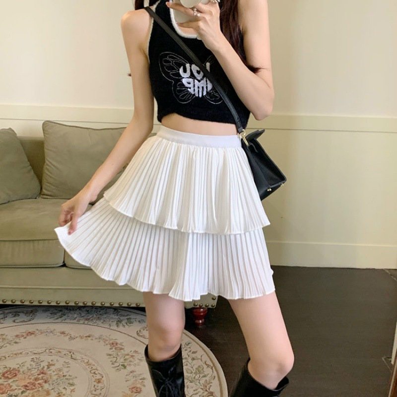 Chân váy nữ màu trắng, đen 2 tầng dập ly nhẹ dễ thương dễ phối đồ