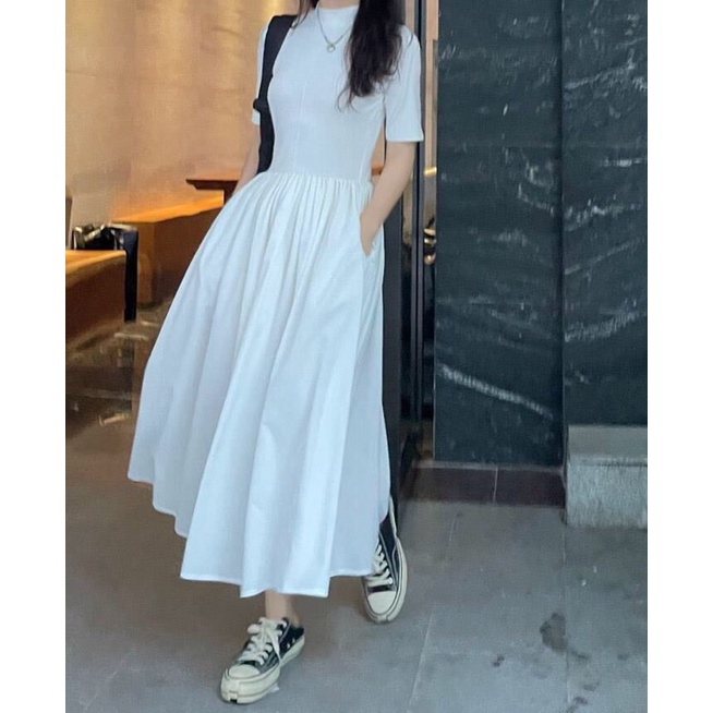 [HÀNG CÓ SẴN] V008 - Váy đầm xoè bồng bềnh dáng dài tay lửng mùa thu đông phong cách Hàn Quốc