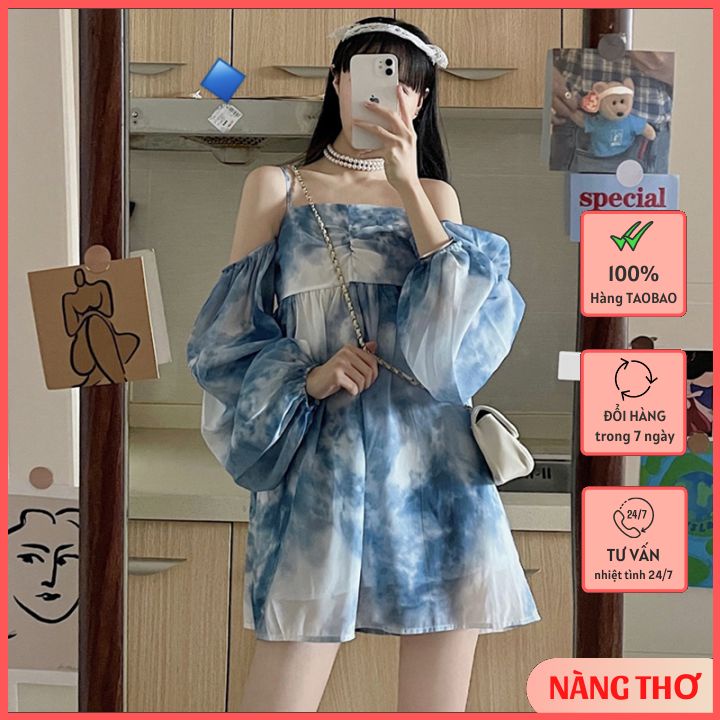 Váy Voan Xanh 2 Dây Mix Tay Áo Dài Loang Màu - Feedback Ảnh Cuối