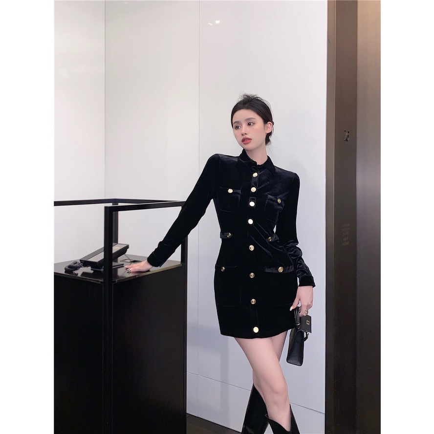 Đầm nhung nữ dài tay phong cách tiểu thư sang trọng khí chất thanh lịch hàng Quảng Châu cao cấp