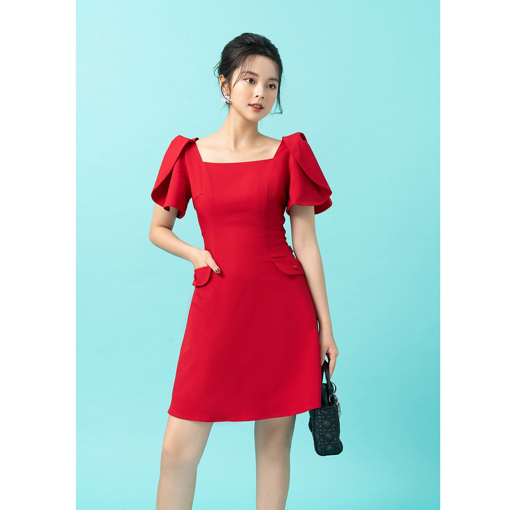 Đầm xòe thiết kế công sở 92WEAR 3 màu, xẻ tay cổ vuông DEA1237