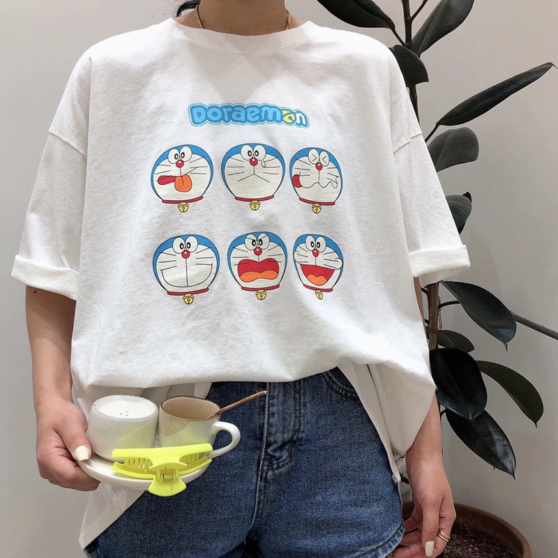 Doraemon cartoon plus size fat loose Korean version of pure cotton short-sleeved t-shirt women summer clothes