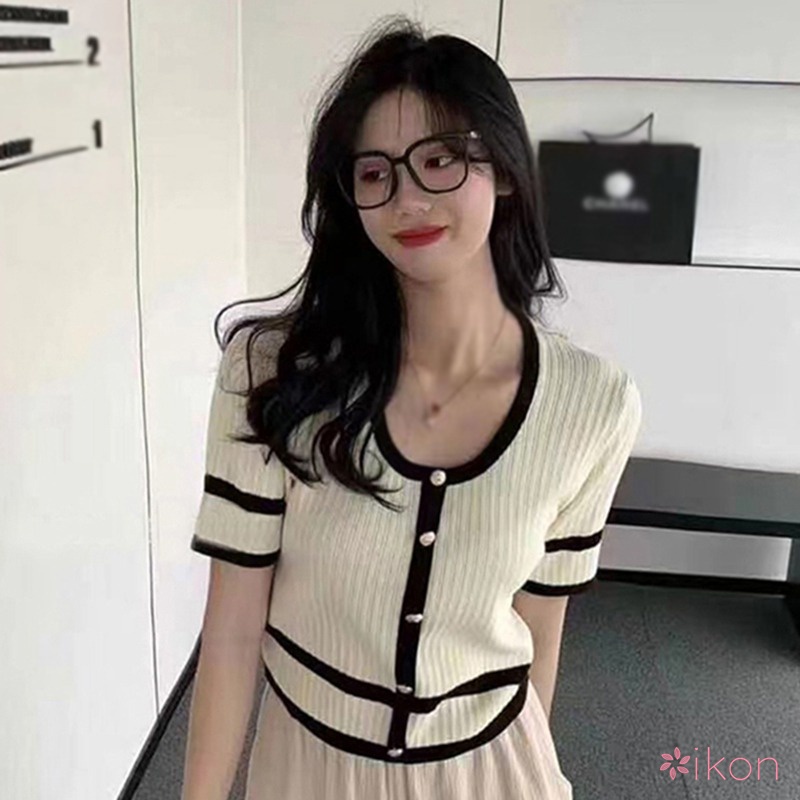 Áo Thun Ngắn Tay Cổ Tròn Màu Sắc Tương Phản Thời Trang Cho Nữ