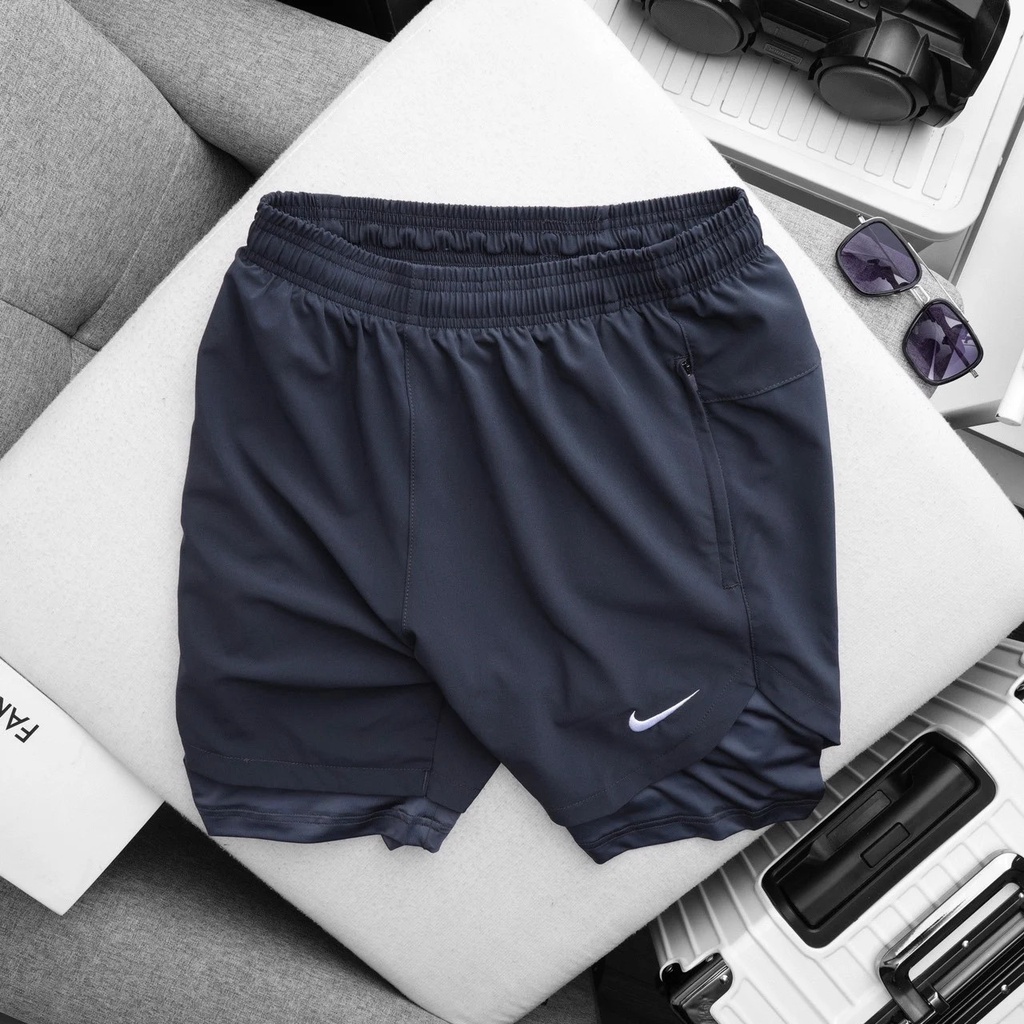 Quần Short Thun Nam đùi tập gym 2 lớp NIKE RUNNING ĐÙI XẺ có lót legging túi ziper và túi đựng điện thoại