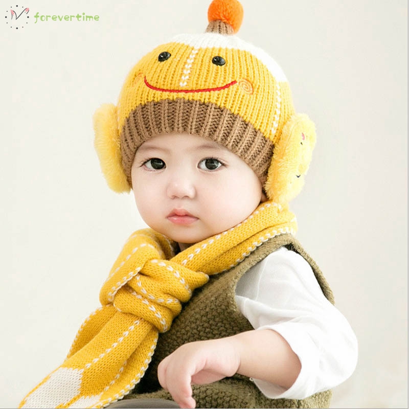 ☞mũ☜ Baby Boys Girls Knitted Hat + Scarf Smile Face Winter Warm Beanie Cap Hats Scarf Set