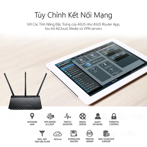 Bộ Phát Wifi Asus RT-AC53 Băng Tần Kép AC750 Gigabit 3 Ăng-ten - Hàng Chính Hãng