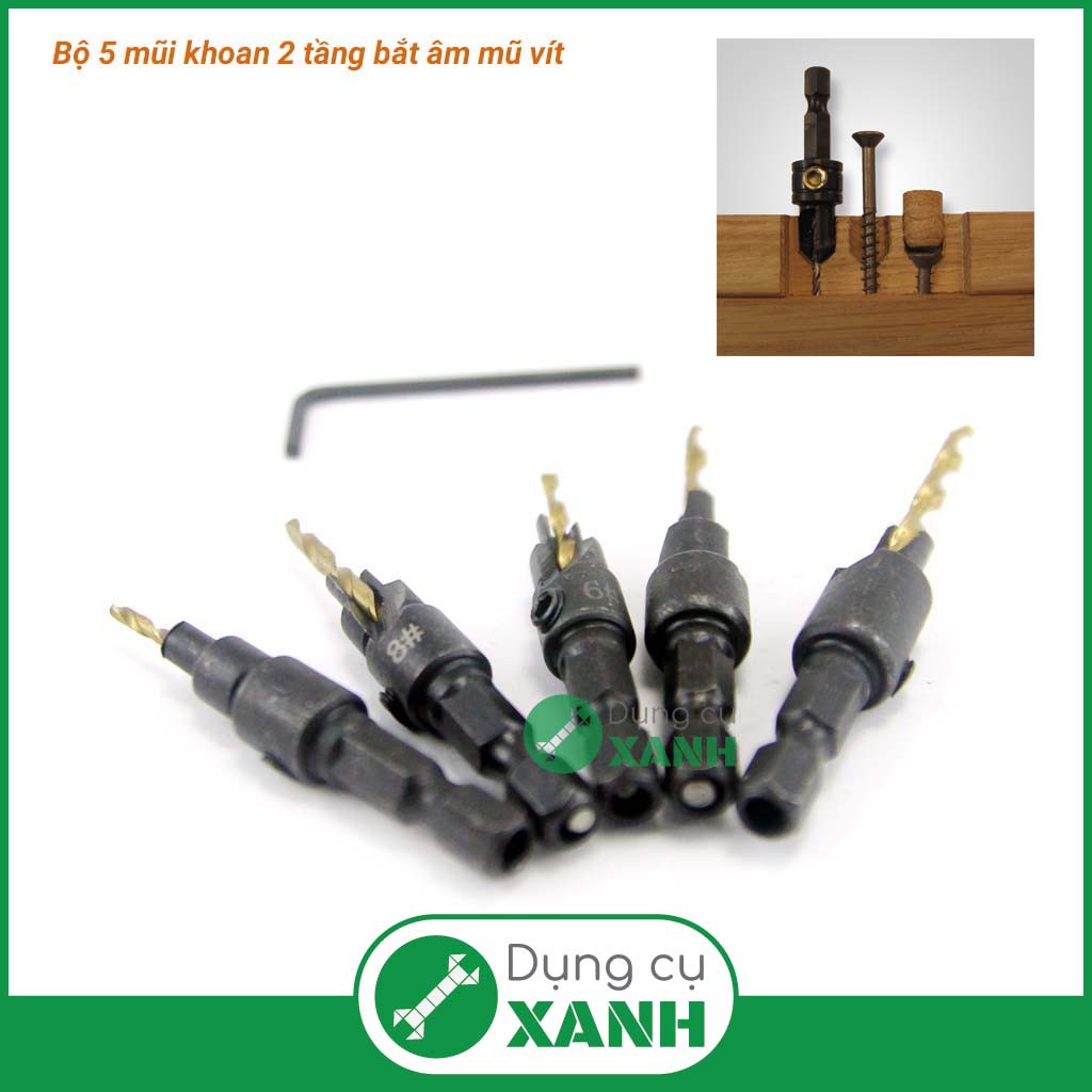 Bộ 5 mũi khoan 2 tầng chỉnh cữ bắt âm mũ vít 2-3.55mm