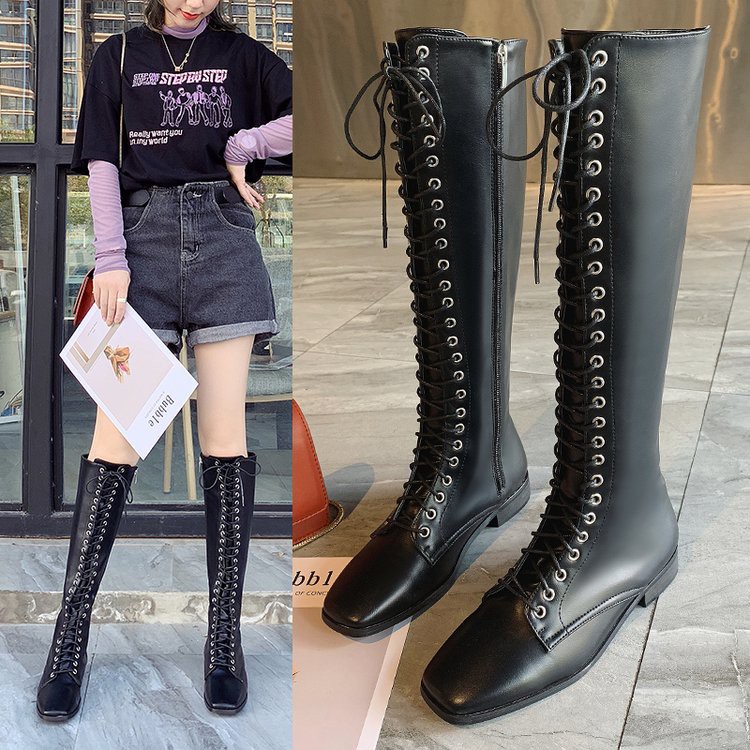 D299- bốt chiến binh, boots nữ cao cổ buộc dây cá tính