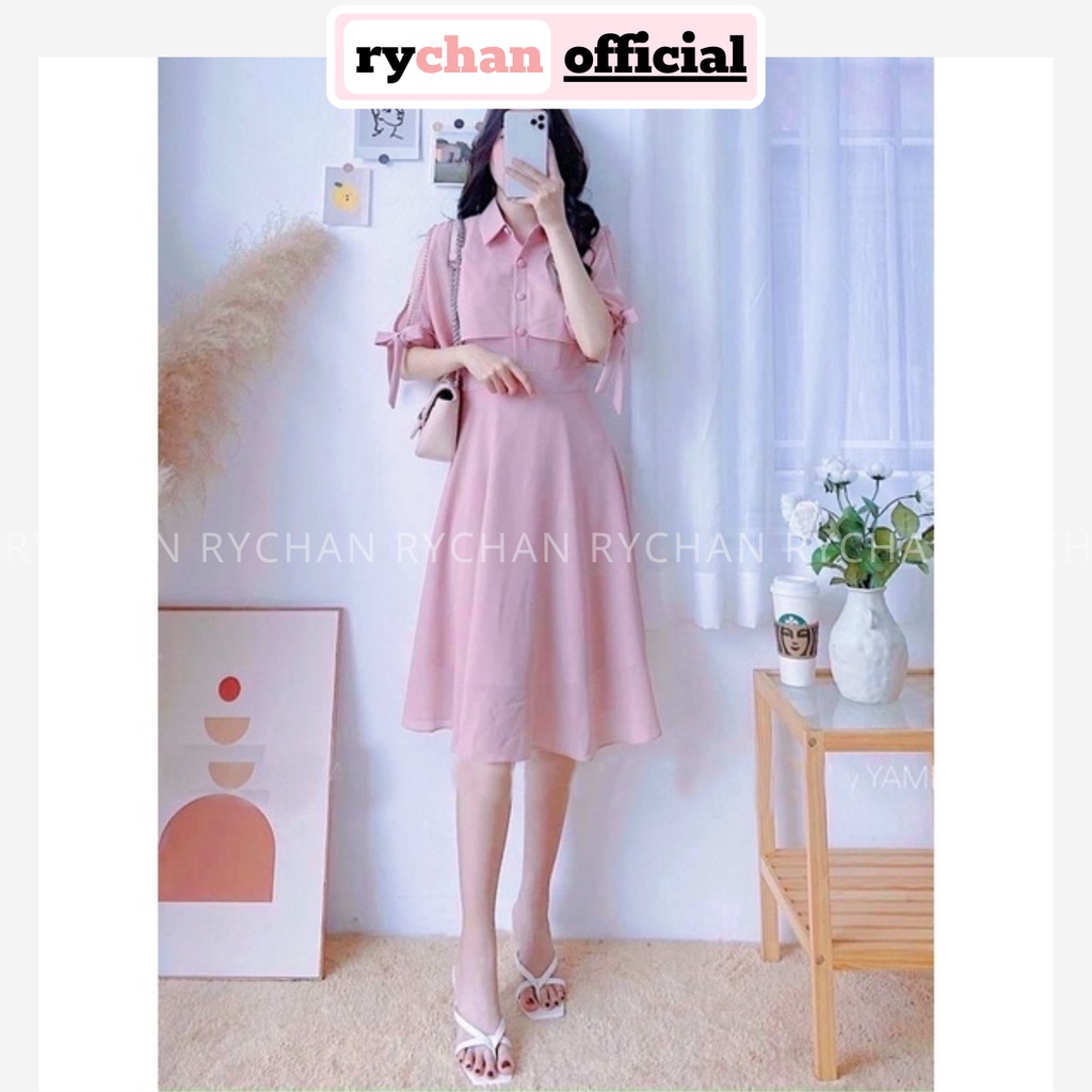 Đầm Công Sở Cổ Sơ Mi Tay Cột Nơ Thanh Lịch, Váy Nữ Thiết Kế Tay Ngắn Form Xòe Quý Phái Màu Hồng [ẢNH THẬT CUỐI] - DX9763