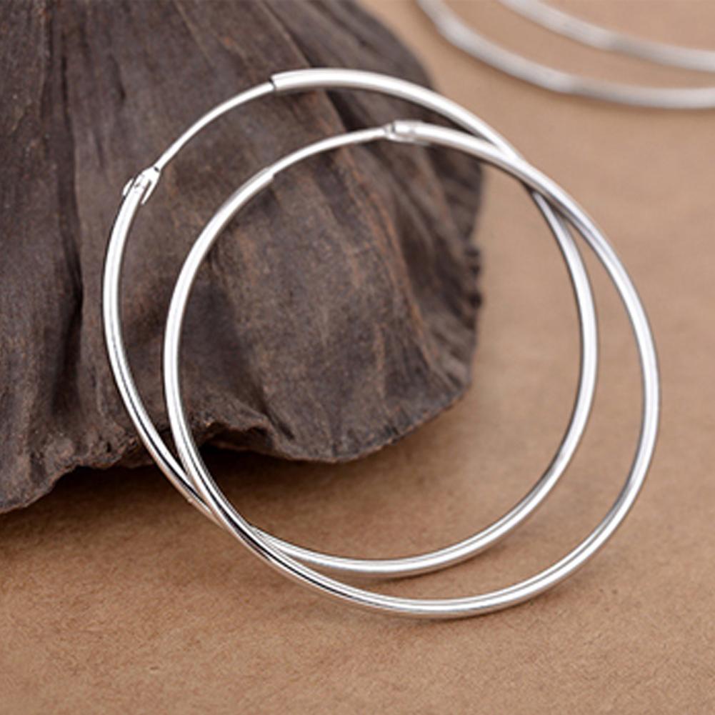 Bông Tai Hình Tròn Lớn Bằng Bạc 925 Chống Dị Ứng Kích Thước 30mm/40mm/50mm/60mm/70mm