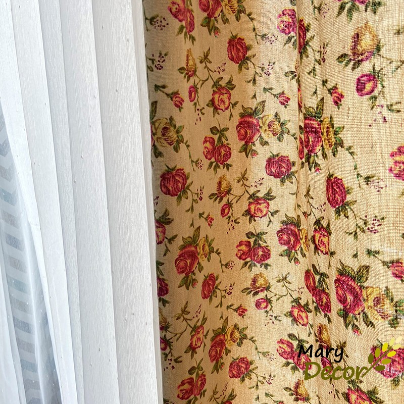 Rèm cửa sổ trang trí vải bố linen đẹp - họa tiết Hoa hồng nhí R-G04