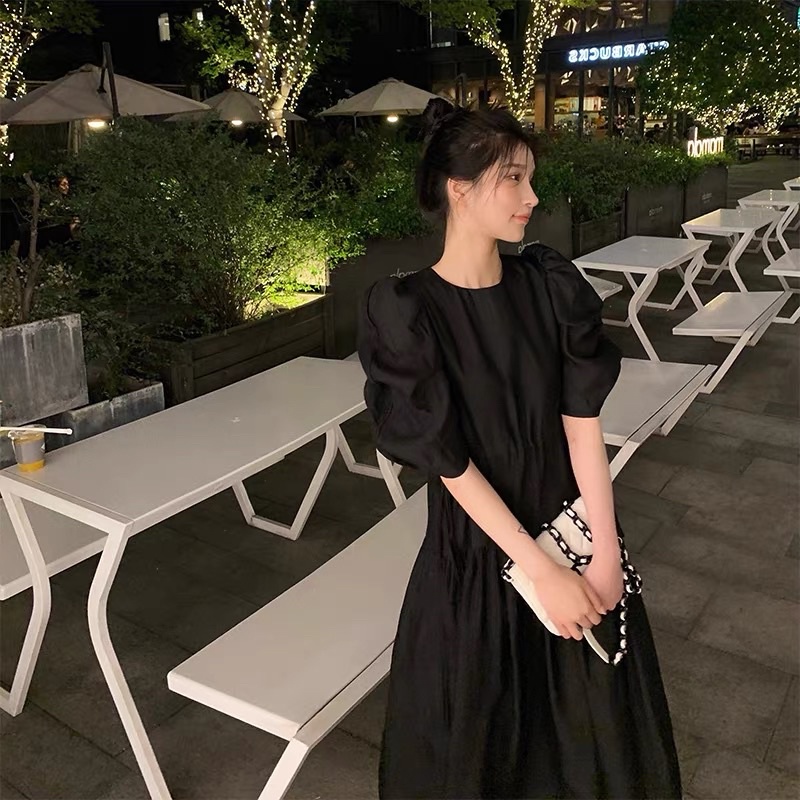 N27  Váy nhún ulzzang dáng dài cổ tay phồng 2 lớp siu xinh