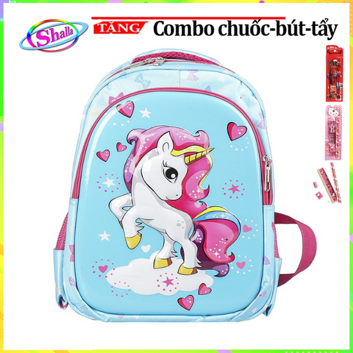 Balo cho trẻ đi học mẫu giáo hay lớp 1 in hình 3D ngựa PoNy thả tim cao cấp Shalla Tặng combo 4 món