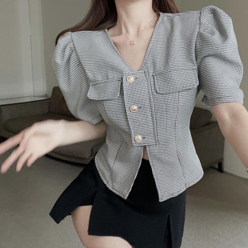 COZOKC Áo Sơ Mi Tay Bồng Dáng Ôm Hoa Văn Kẻ Ô Dễ Phối Đồ Thời Trang