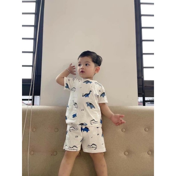 Bộ thun cộc tay hè khủng long bé trai (7-22kg), Set 3 bộ mặc nhà cotton cổ tròn họa tiết ngộ nghĩnh chất mềm mát