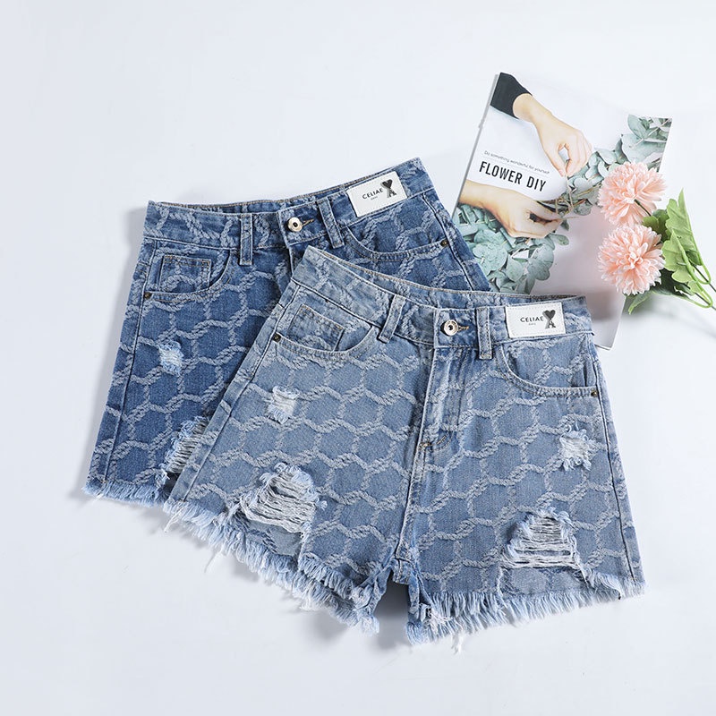 Quần short denim IELGY cạp cao kiểu chữ A màu xanh lam cho nữ