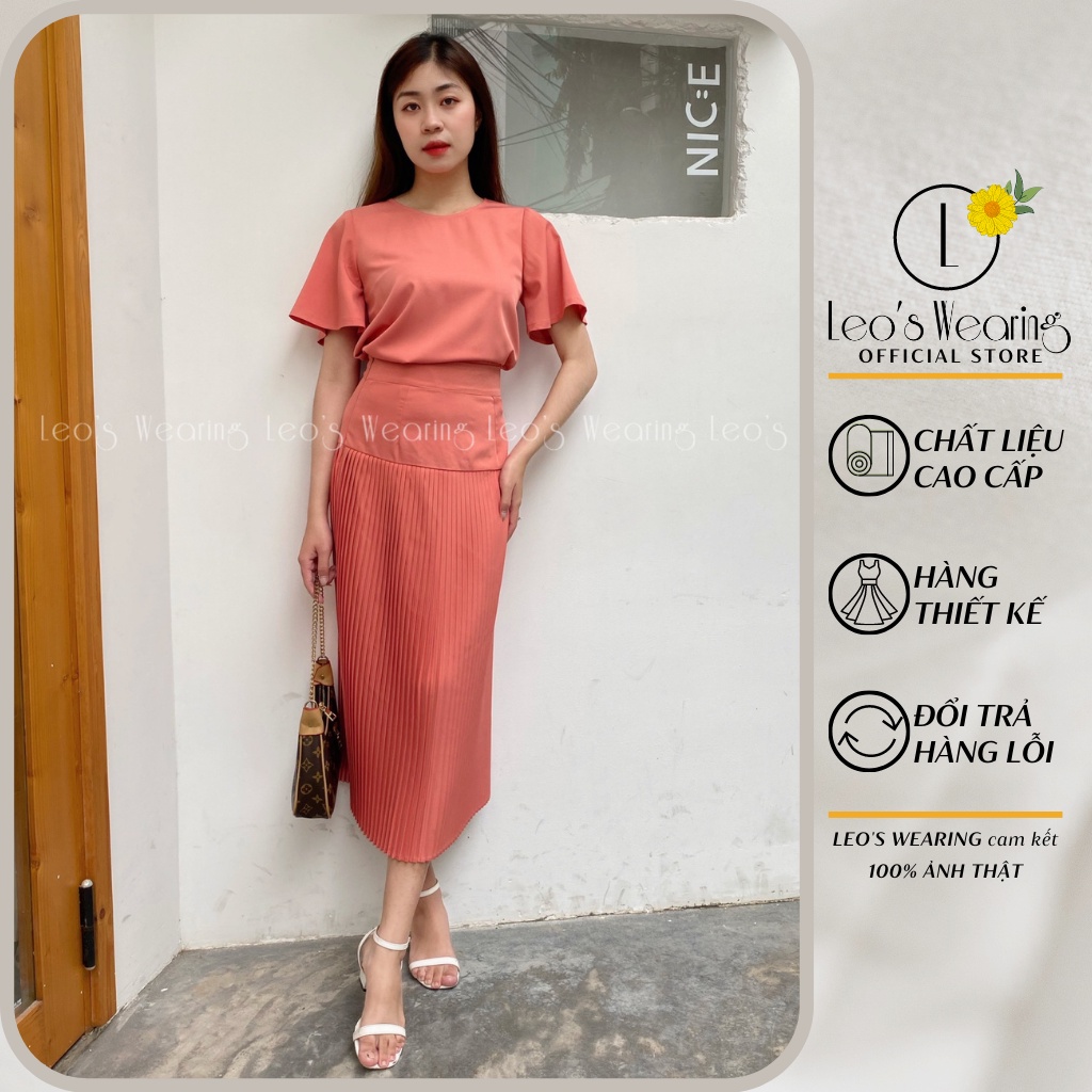 Set váy công sở LEOSWEARING chân váy xếp li dáng dài mix áo tay lỡ váy dạo phố M27