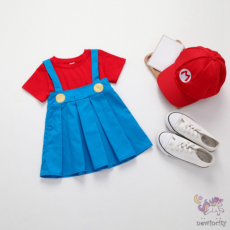 Set váy / áo và quần short  phong cách super mario thời trang cho bé