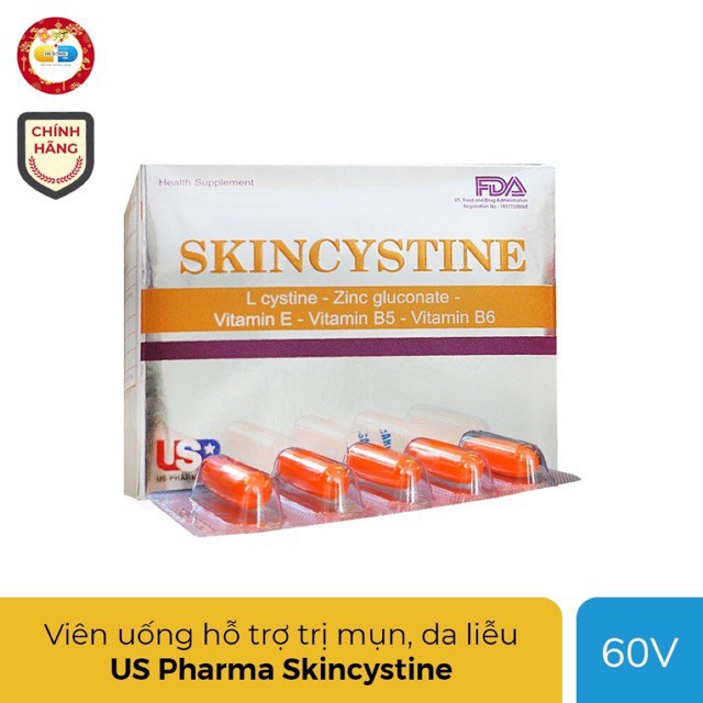 Skincystine US Pharma viên uống hỗ trợ trị mụn, bệnh da liễu, Hộp 60 viên