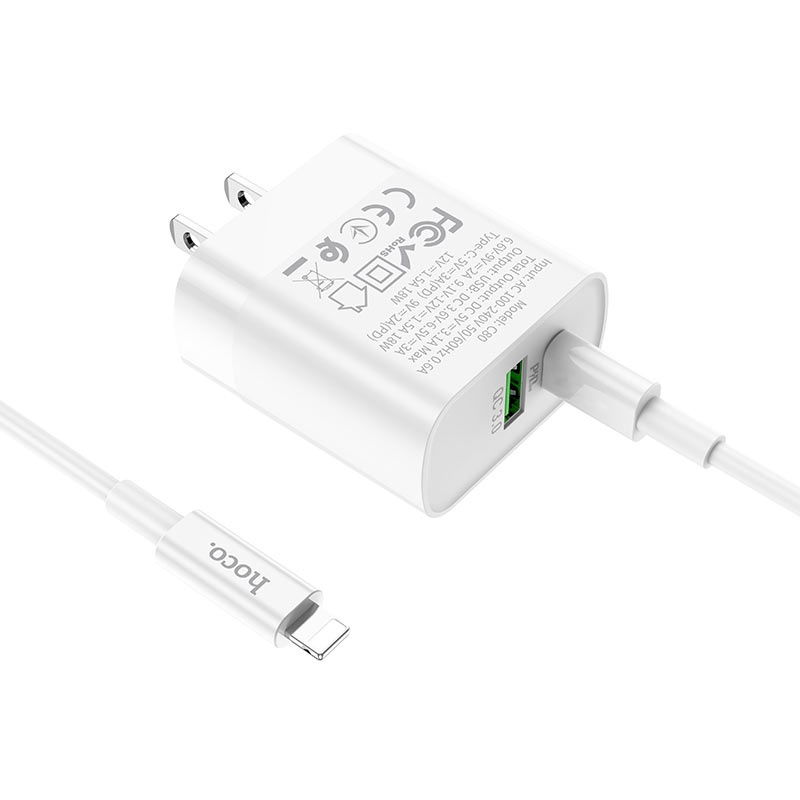 Sạc iPhone nhanh Hoco C80 2 cổng USB PD 20W QC 3.0, dây Type C to Lightning cho iPhone 13,12,11,X,8,7,6