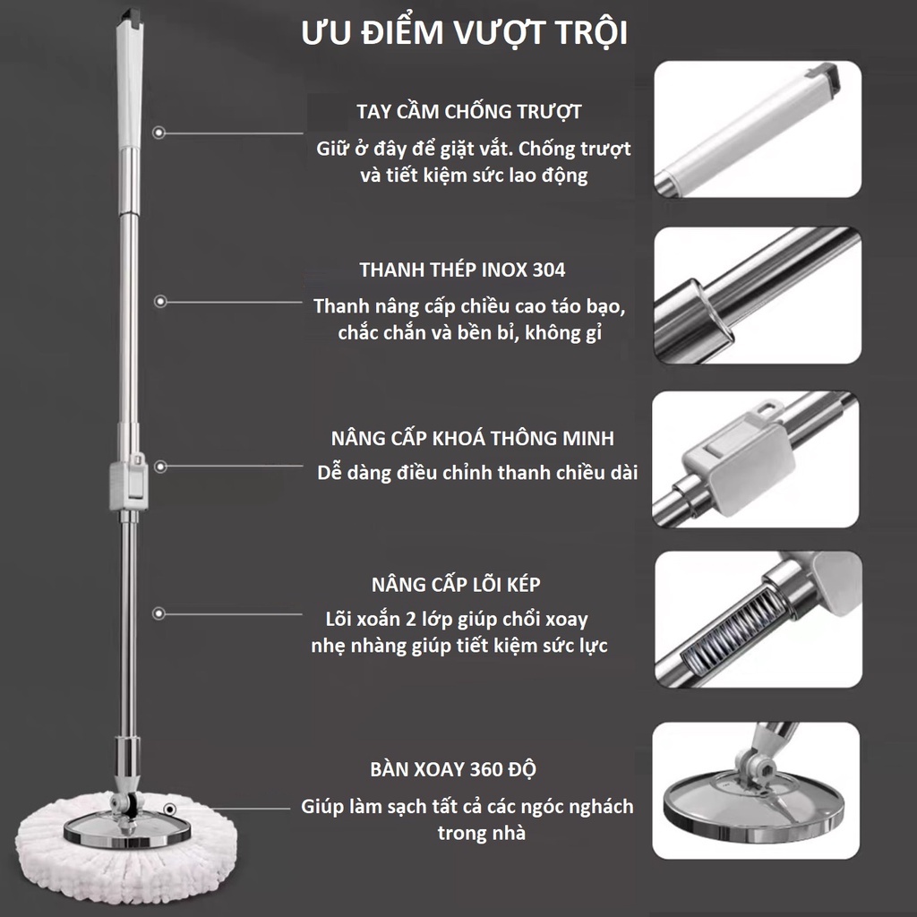BỘ LAU NHÀ TỰ VẮT 360 ĐỘ CHÍNH HÃNG Inox 304 CAO CẤP TẶNG KÈM2 BÔNG LAU
