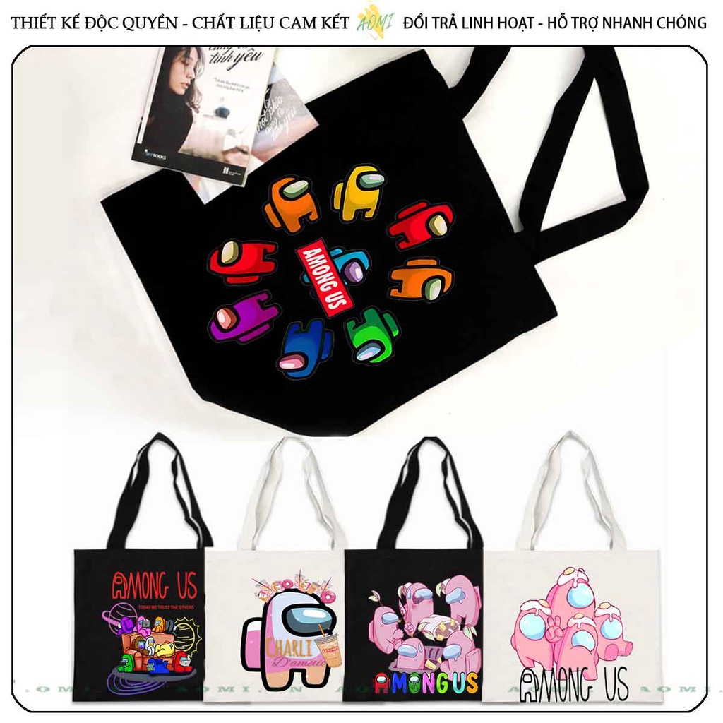 TOTE CANVAS AMONG US FORM TRÒN TÚI VẢI ĐEO VAI BAG NÚT BẤM SIZE LỚN AOMIVN DU LỊCH  MÀU ĐEN TRẮNG