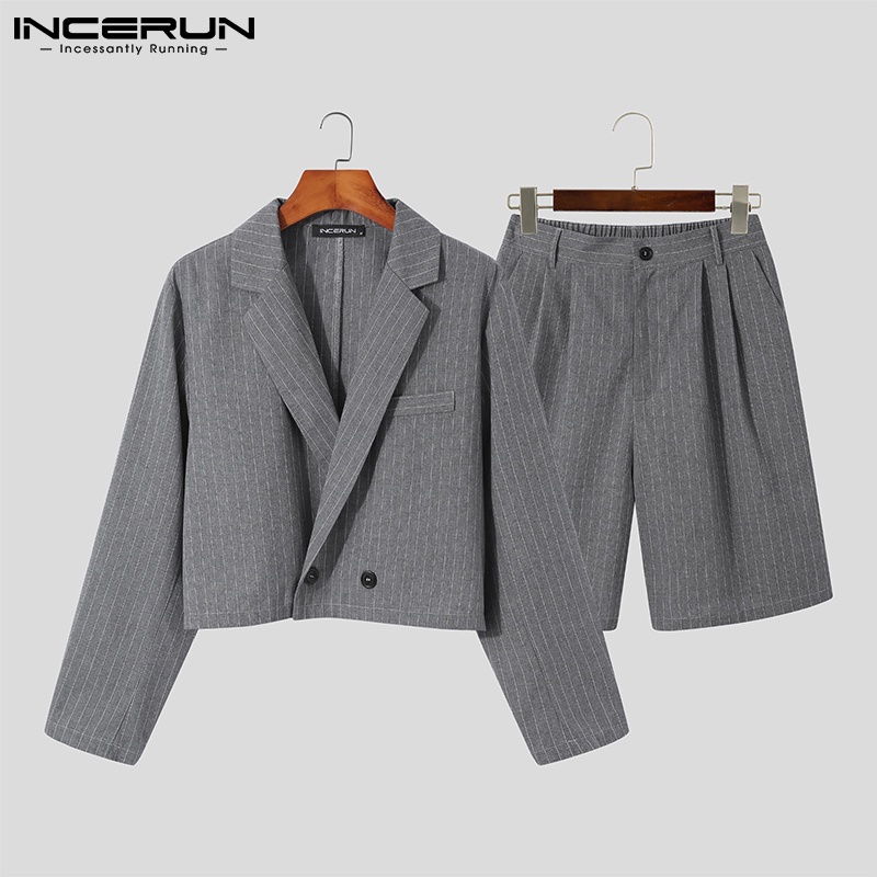 Bộ đồ INCERUN gồm áo khoác blazer và quần đùi họa tiết kẻ sọc thời trang dành cho bạn nam