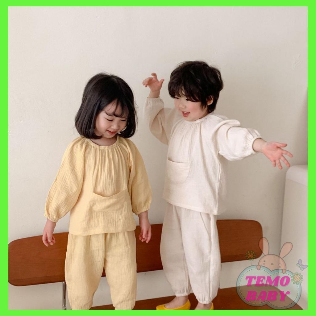 Bộ quần áo thu đông dài tay vải xô muslin cao cấp cho bé QA42, quần áo sơ sinh bé trai bé gái Temo baby từ 8-18kg