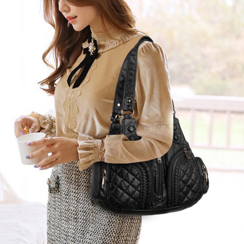 Túi Xách Mua Sắm Đeo Vai Bằng Da Mềm Màu Trơn Nhiều Túi Có Tay Cầm Cho Phụ Nữ Trung Niên