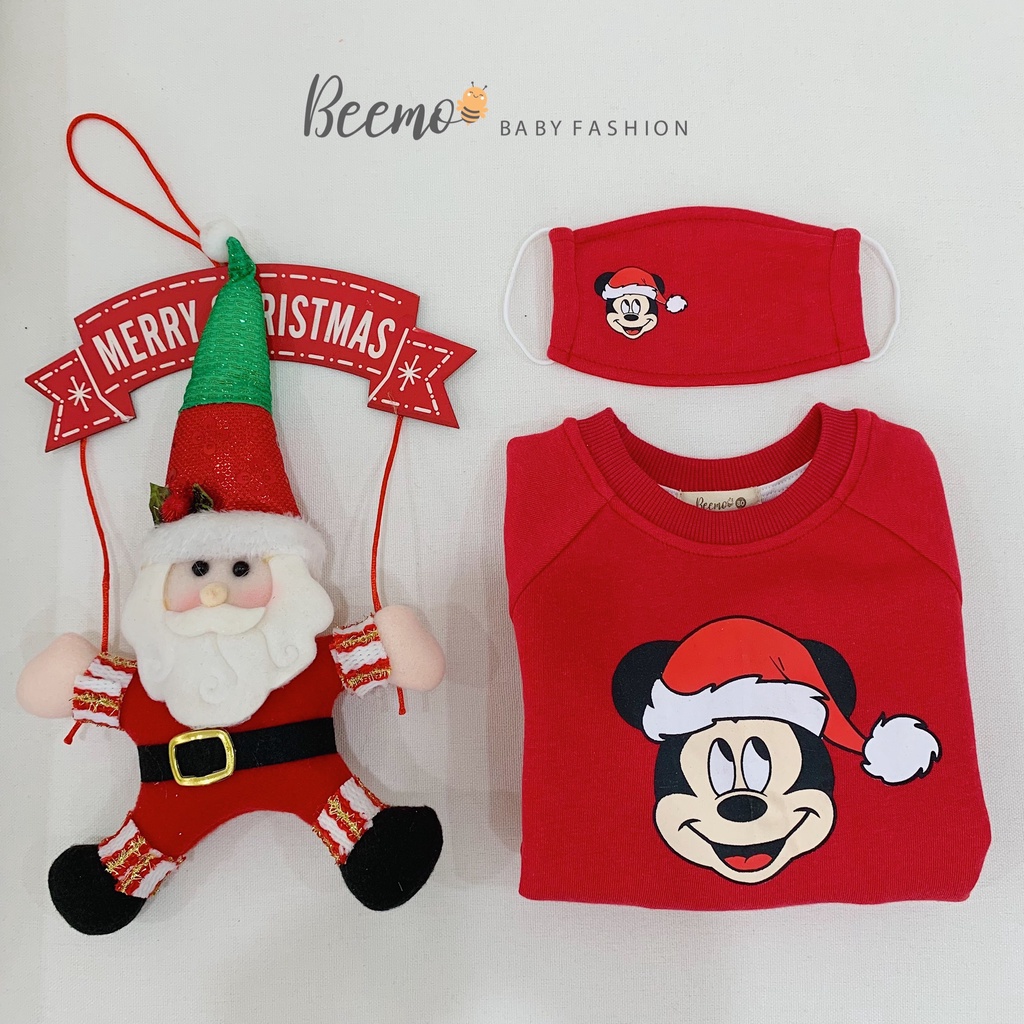 Áo Noel nỉ da cá Beemo dài tay tặng kèm khẩu trang cao cấp, áo nỉ da cá hoạ tiết Mickey Noel cho bé trai/bé gái