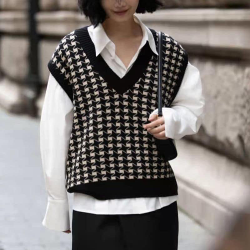 Áo gile len kẻ Vintage hàng QCCC