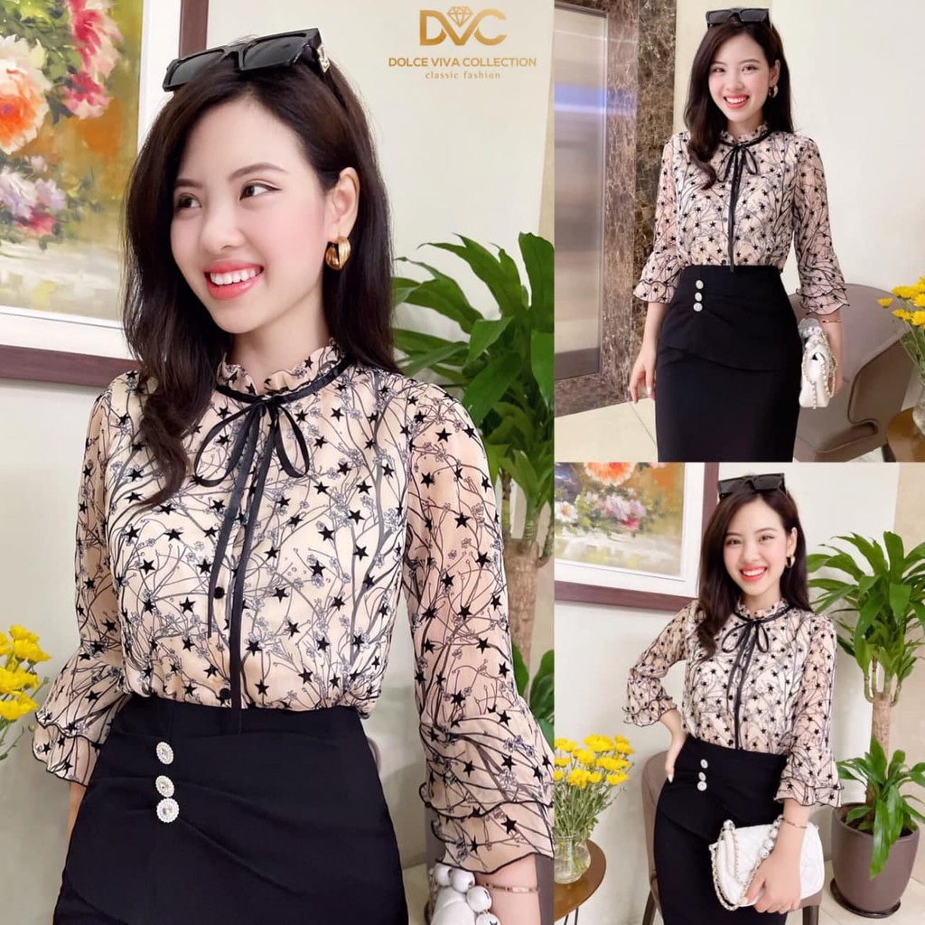 Set thiết kế áo cổ tròn bèo kết hợp chân váy bút chì thanh lịch S1992_Daly Fashion [Kèm ảnh thật]