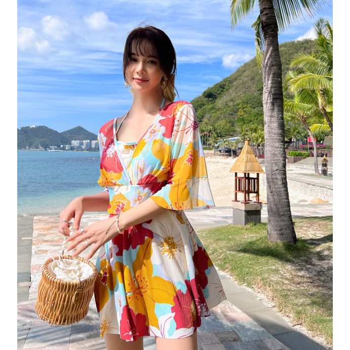 Bộ đồ bơi nữ liền mảnh váy họa tiết hoa chất thun dày đẹp phối lưới xịn size lớn