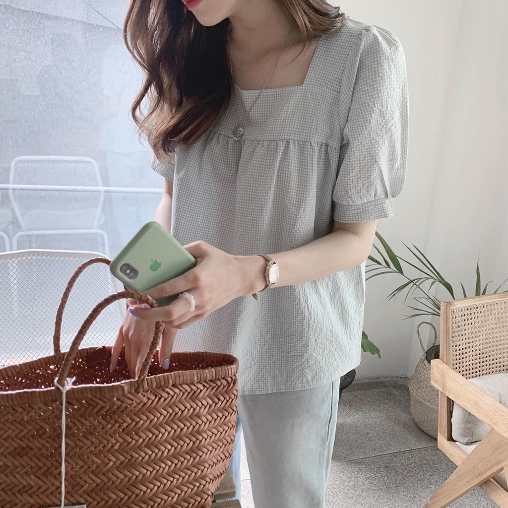 Áo kiểu tay ngắn cổ vuông họa tiết sọc caro phong cách hàn quốc dành cho nữ