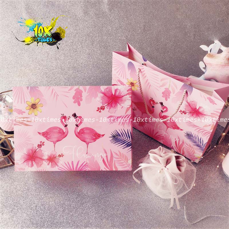 Set hộp 30cm túi giấy đựng quà Flamingo tặng sinh nhật bạn gái bạn trai đối tác, valentine, ngày lễ có quai 10xtimes