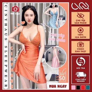 Váy ngủ sexy 2 dây phối ren có mút ngực lụa satin cao cấp gợi cảm mềm mại freesize - cn045 ciny