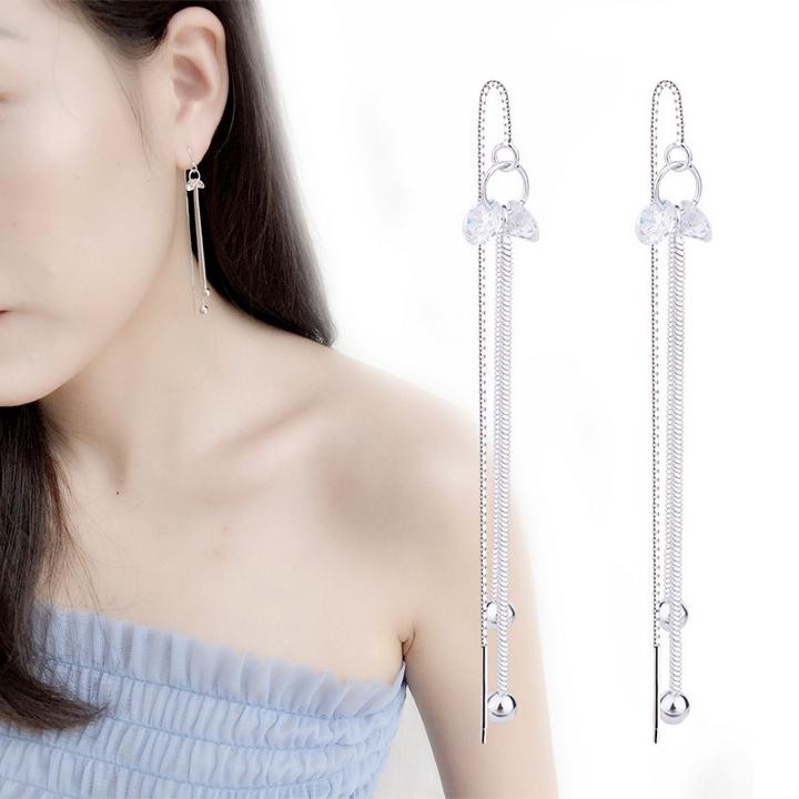 Khuyên tai bạc xích thả 2 sợi phong cách bông tai Hàn Quốc xinh xắn dễ thương