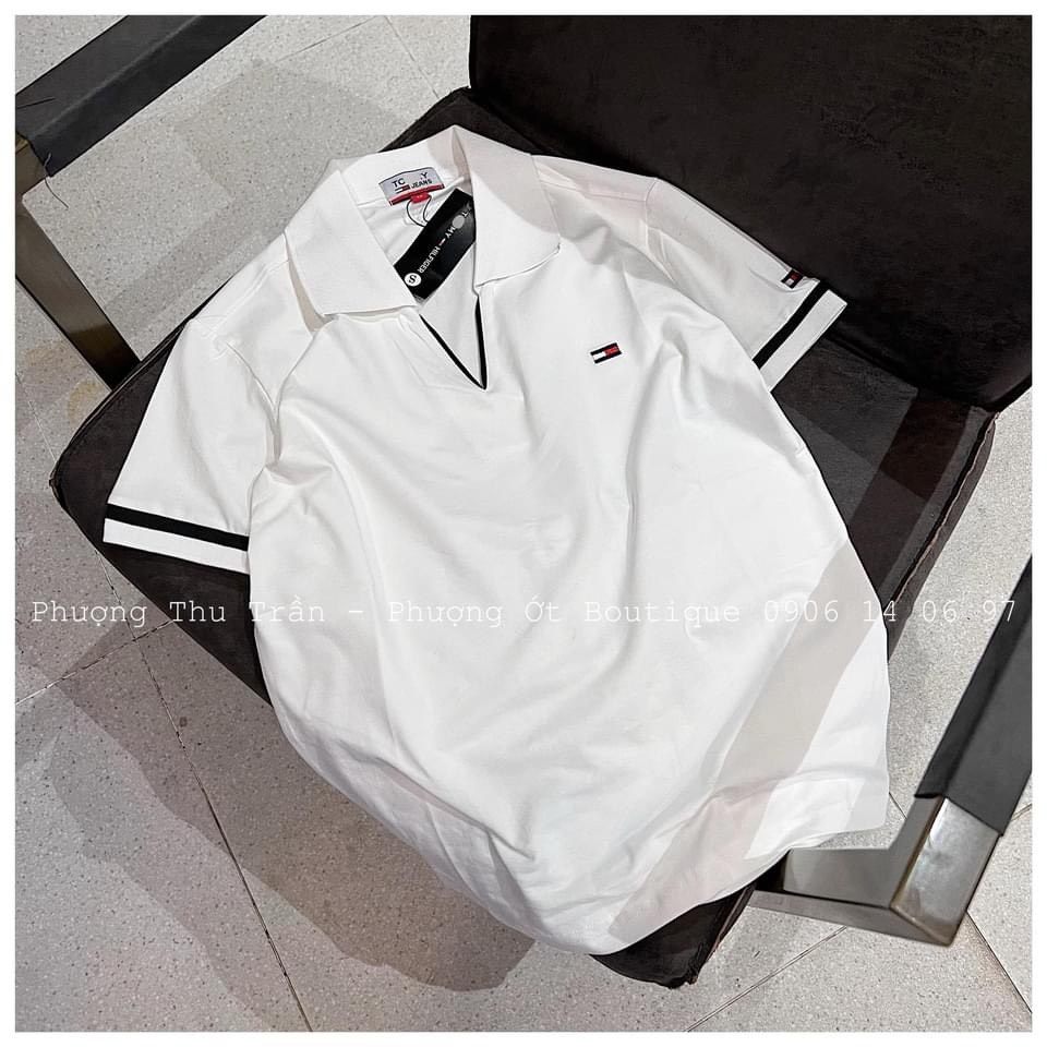 Áo polo cộc tay màu trắng viền cổ đen cho nữ