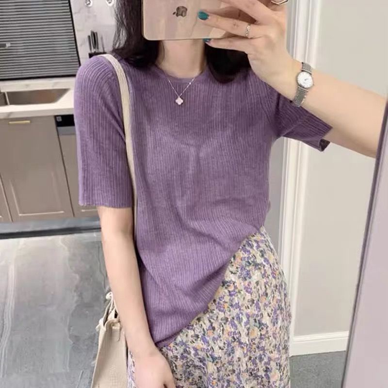 COZOK Áo Thun Dệt Kim Cổ Tròn Ngắn Tay Thời Trang Đơn Giản