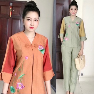 Đồ Lam Đi Chùa# Tim 1Nút Bông Vải LiNen Tơ # Quần Áo Nữ # Đồ Bộ