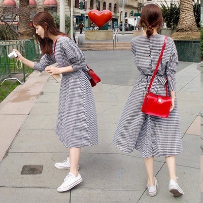 ĐẦM MAXI SỌC CARO NÚT SAU LƯNG VINTAGE HÀN QUỐC