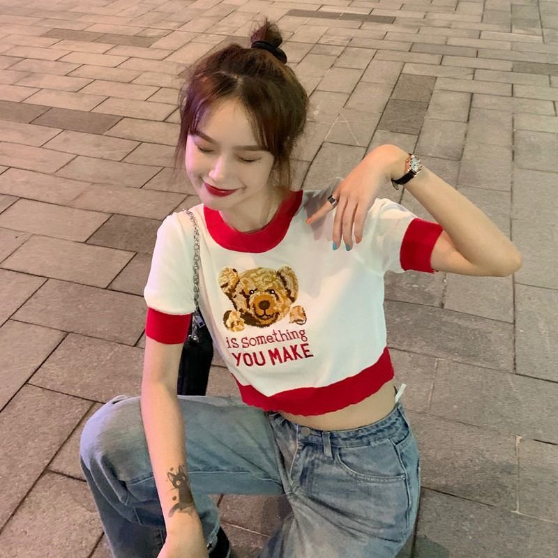 Áo Sweater Ngắn Tay In Hình Gấu Thời Trang Cho Nữ