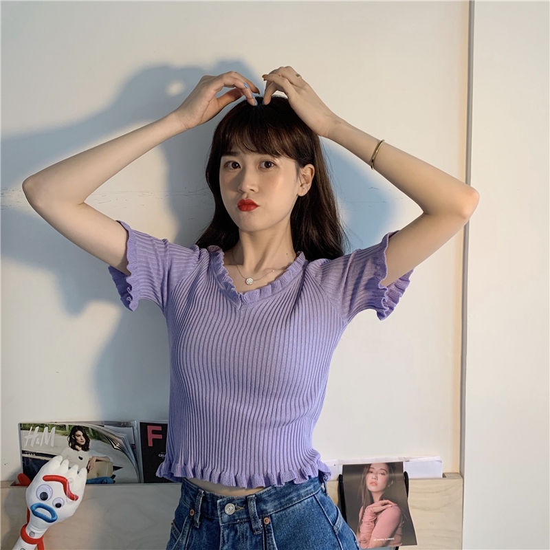 AMOI Áo Thun Nữ Ngắn Tay Cổ Chữ V Chấm Bi Thời Trang